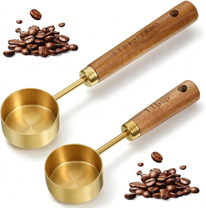 2 PCS Coffee Scoop Gold 1 Tablespoon Measuring Spoon (15ml) Stainless Steel Coffee Measuring Spoon Vintage 1 Tablespoon Scoop with Wooden Handle for Tea, Kitchen