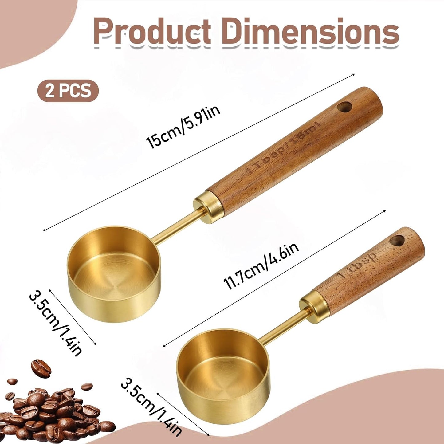 2 PCS Coffee Scoop Gold 1 Tablespoon Measuring Spoon (15ml) Stainless Steel Coffee Measuring Spoon Vintage 1 Tablespoon Scoop with Wooden Handle for Tea, Kitchen