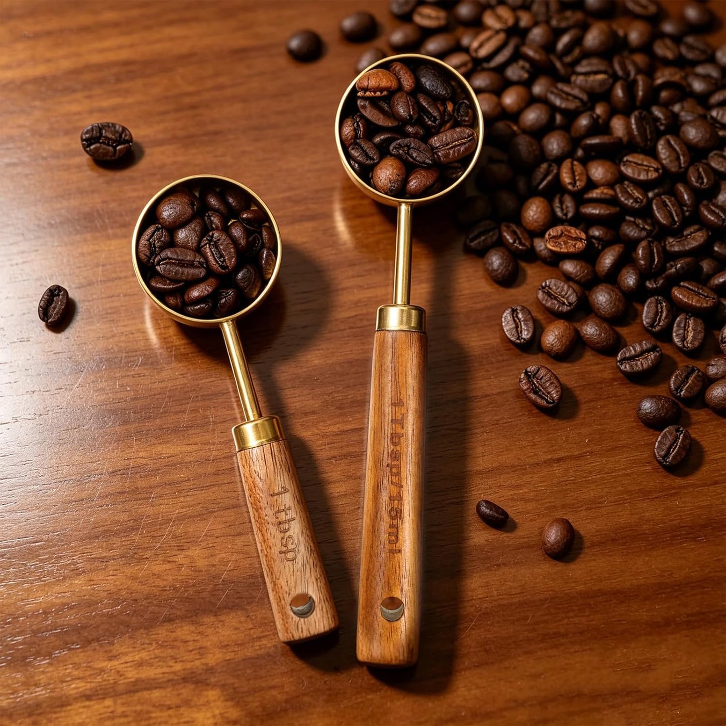 2 PCS Coffee Scoop Gold 1 Tablespoon Measuring Spoon (15ml) Stainless Steel Coffee Measuring Spoon Vintage 1 Tablespoon Scoop with Wooden Handle for Tea, Kitchen