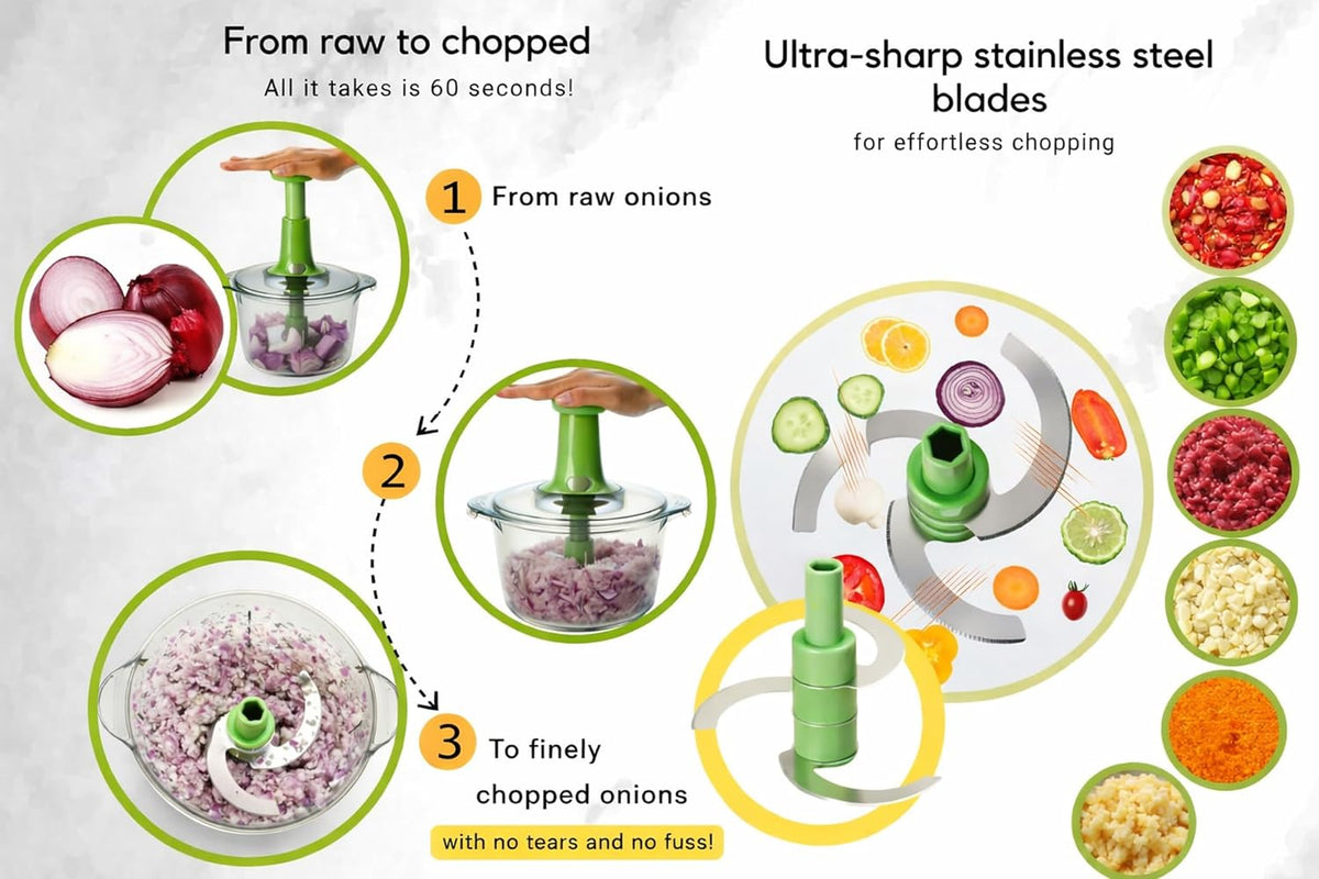 Express Manual Food Chopper: Large 8.5-Cup, Hand Chopper Vegetable Cutter to Chop Veggies, Fruits, Herbs, Garlic Onion Chopper for Salsa, Salad, Pesto, Guacamole, Coleslaw, Indian Cooking