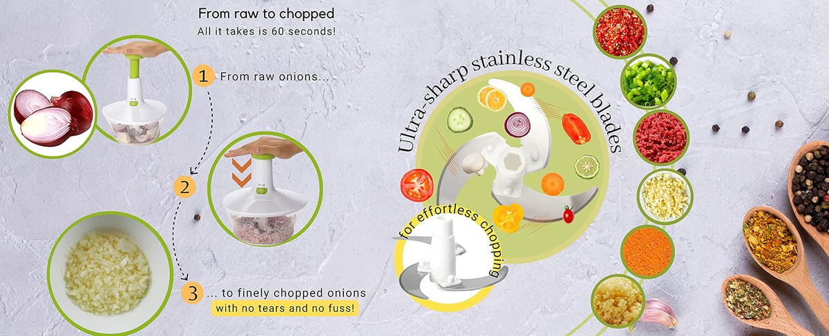 Express Manual Food Chopper: Large 8.5-Cup, Hand Chopper Vegetable Cutter to Chop Veggies, Fruits, Herbs, Garlic Onion Chopper for Salsa, Salad, Pesto, Guacamole, Coleslaw, Indian Cooking