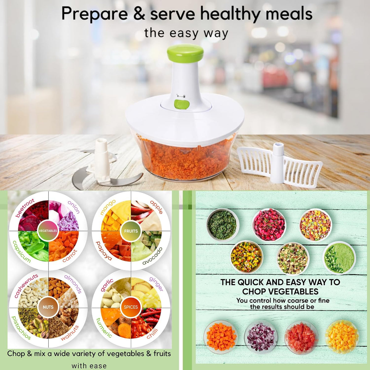Express Manual Food Chopper: Large 8.5-Cup, Hand Chopper Vegetable Cutter to Chop Veggies, Fruits, Herbs, Garlic Onion Chopper for Salsa, Salad, Pesto, Guacamole, Coleslaw, Indian Cooking