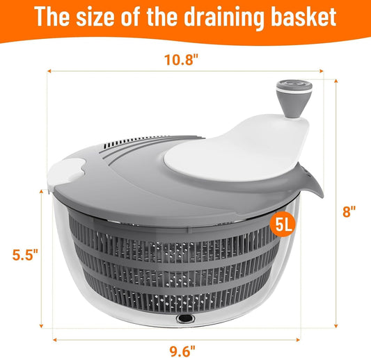 Salad Spinner Lettuce Spinner with Drainage Holes, 5 Chopping Blades, Grey | 5.3 QT Large High Efficiency Fruit Vegetable Washer Dryer, Easy Press Kitchen Tool for Leafy Vegetables