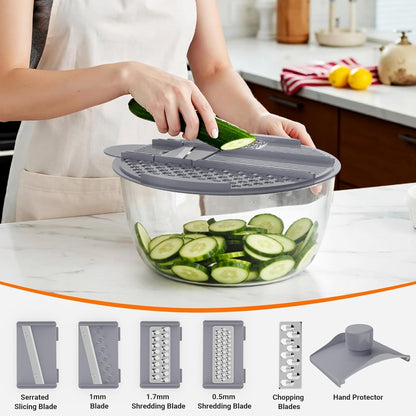 Salad Spinner Lettuce Spinner with Drainage Holes, 5 Chopping Blades, Grey | 5.3 QT Large High Efficiency Fruit Vegetable Washer Dryer, Easy Press Kitchen Tool for Leafy Vegetables
