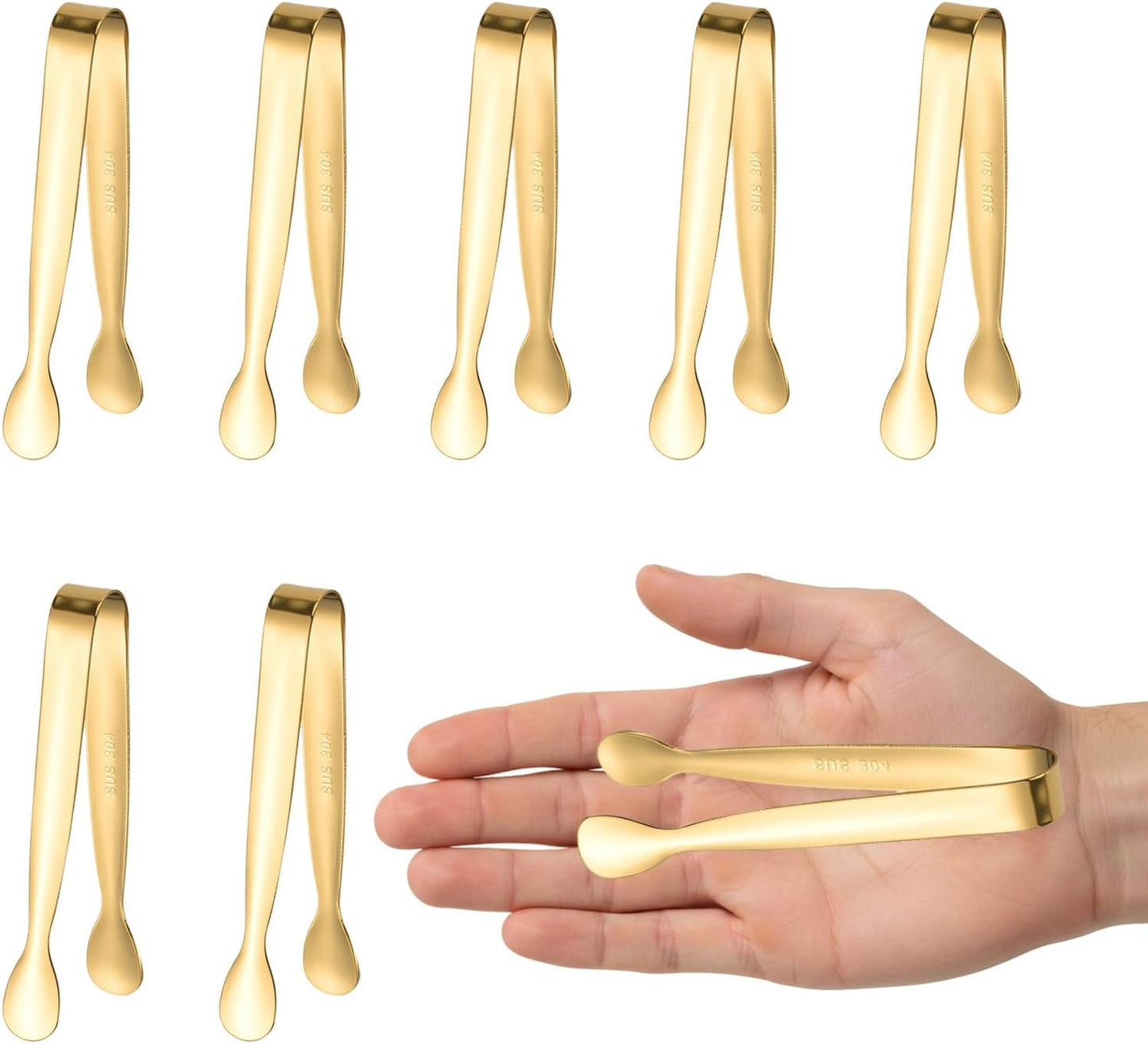 8PCS Gold Mini Metal Tongs, 4.3" Stainless Steel Tiny Tong, Small Kitchen Accessories for Serving Food, Ice, Sugar Cube, Salad, Toaster, Desserts