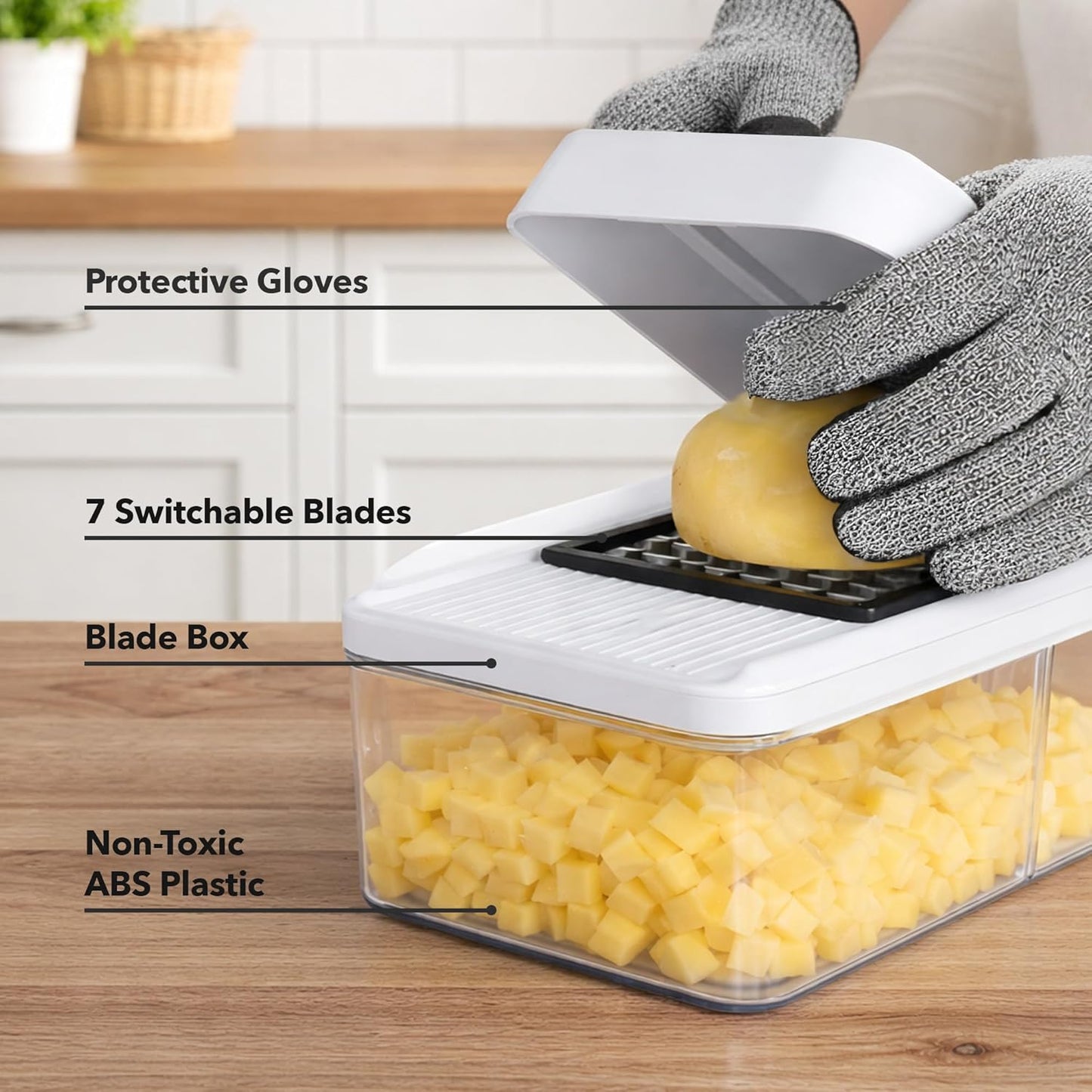 Vegetable Chopper and Mandoline Slicer, 7-in-1 Multifunctional Kitchen Gadget & Food Cutter for Fruit, Onion, Potato, Cucumber, Cheese Grater, Veggie Spiralizer with Safety Gloves, White MD71W