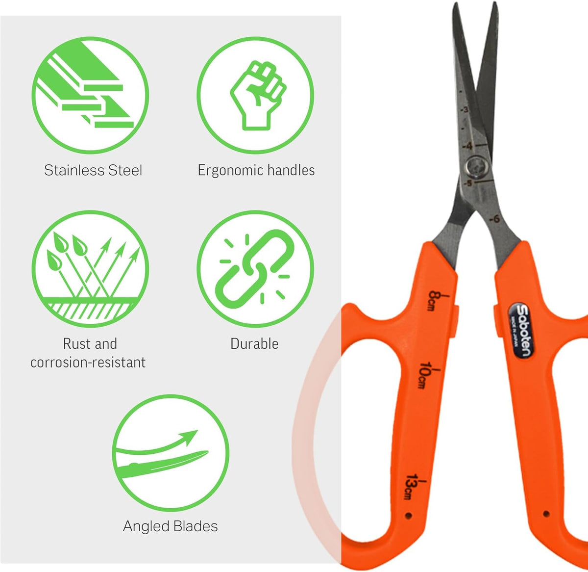 Saboten Stainless Steel Angled Blade Trimming Scissors Orange PT-13 160mm Precision Gardening Bonsai and Floral Shears Made in Japan