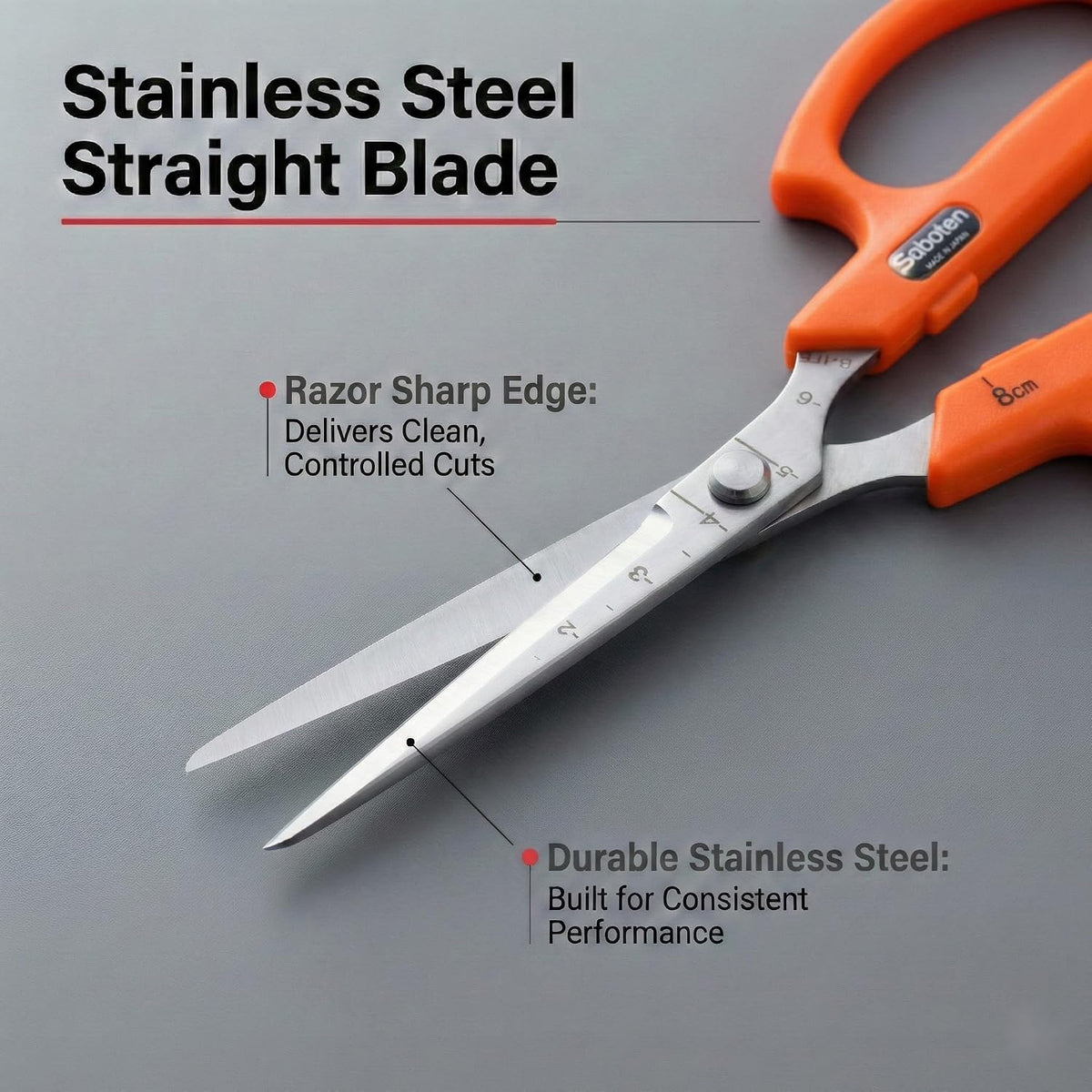 Saboten Stainless Steel Angled Blade Trimming Scissors Orange PT-13 160mm Precision Gardening Bonsai and Floral Shears Made in Japan