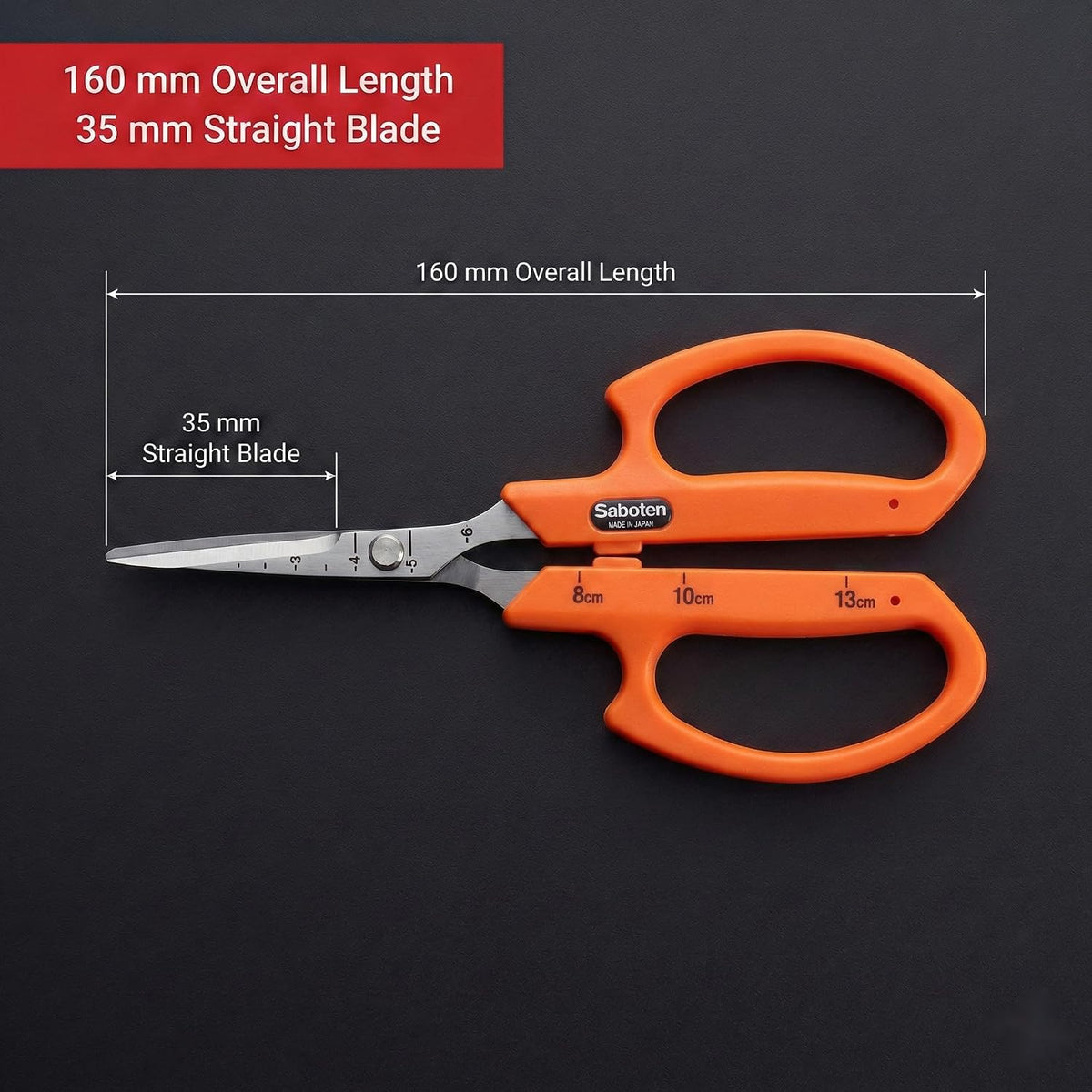 Saboten Stainless Steel Angled Blade Trimming Scissors Orange PT-13 160mm Precision Gardening Bonsai and Floral Shears Made in Japan