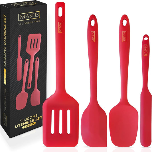 Silicone Spatula Set with Slotted Turner, 4-Piece One-Piece Seamless Kitchen Set for Everyday Cooking, Safe for Nonstick Cookware, 600°F Heat Resistant, BPA Free, Dishwasher Safe | (Red)