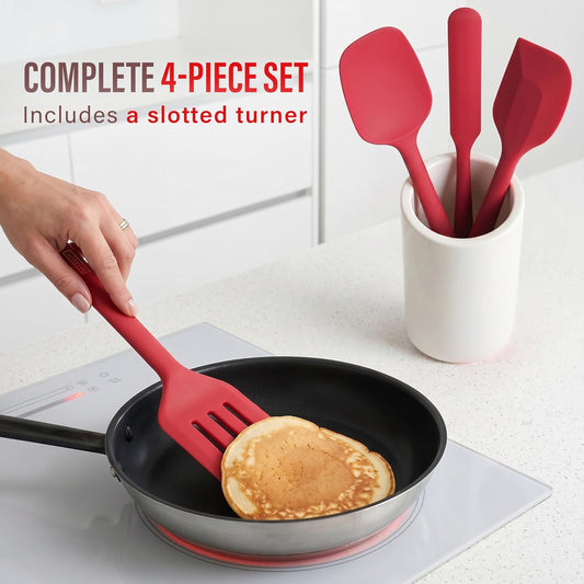 Silicone Spatula Set with Slotted Turner, 4-Piece One-Piece Seamless Kitchen Set for Everyday Cooking, Safe for Nonstick Cookware, 600°F Heat Resistant, BPA Free, Dishwasher Safe | (Red)