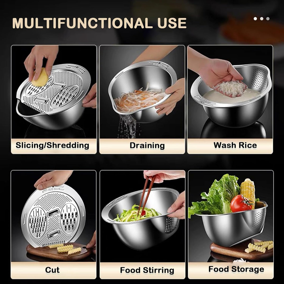 4‑in‑1 Rice Washer Strainer Bowl with Grater Side Drainer