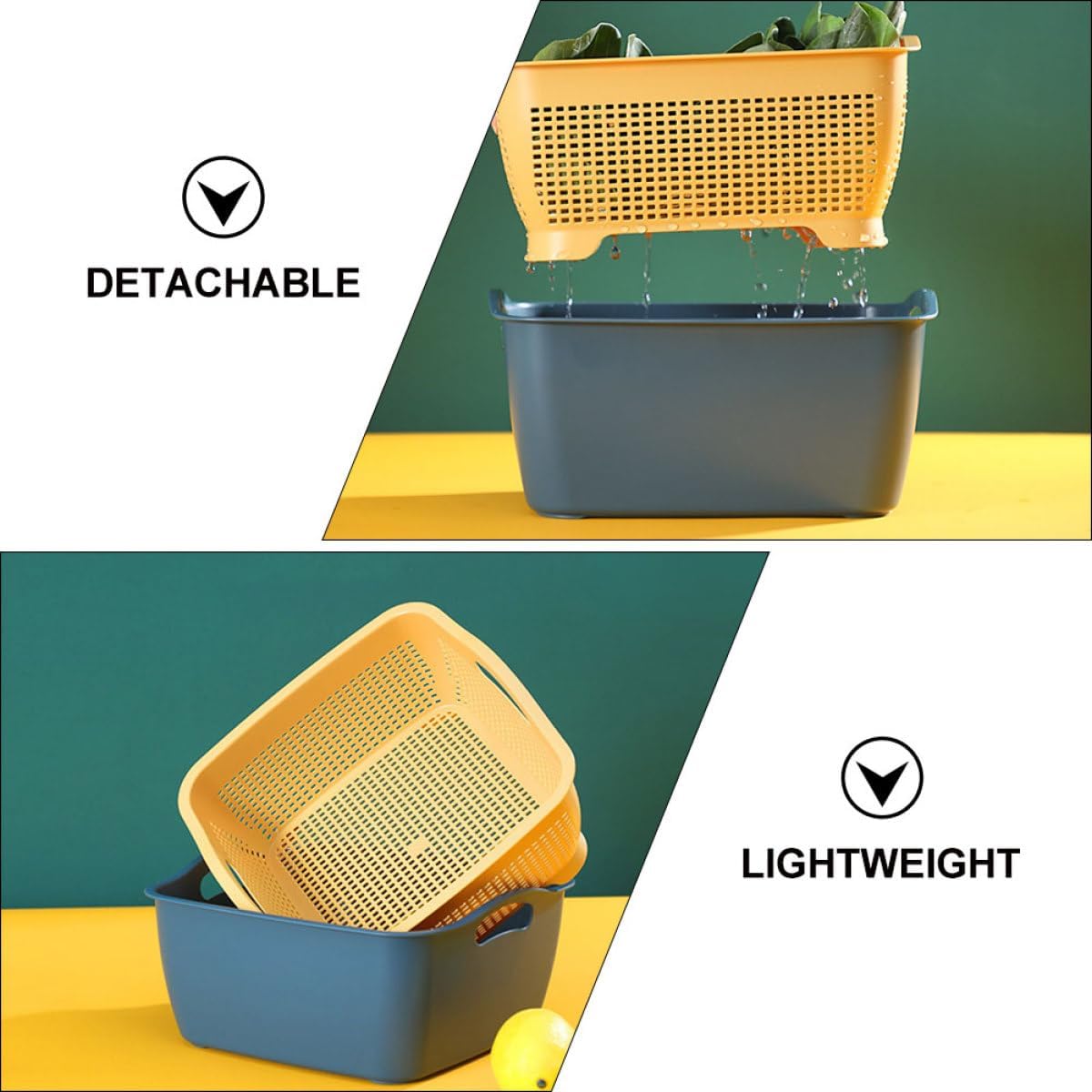 Double-layer Kitchen Colanders Vegetable Wash Basket Set, Plastic Fruit Strainer Bowls with Drainage, Large and Small Square Baskets for Kitchen Food Storage and Washing