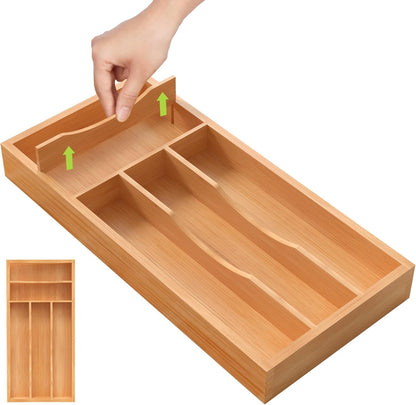 Bamboo Utensil Drawer Organizer with Removable Dividers, Kitchen Organizer for Flatware Cutlery, Silverware Tray for Drawer (5/4 Flexible Slots, Natural)