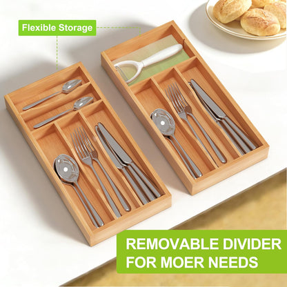 Bamboo Utensil Drawer Organizer with Removable Dividers, Kitchen Organizer for Flatware Cutlery, Silverware Tray for Drawer (5/4 Flexible Slots, Natural)