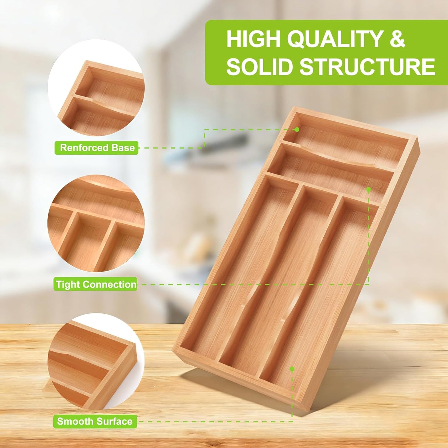 Bamboo Utensil Drawer Organizer with Removable Dividers, Kitchen Organizer for Flatware Cutlery, Silverware Tray for Drawer (5/4 Flexible Slots, Natural)