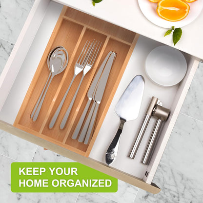 Bamboo Utensil Drawer Organizer with Removable Dividers, Kitchen Organizer for Flatware Cutlery, Silverware Tray for Drawer (5/4 Flexible Slots, Natural)