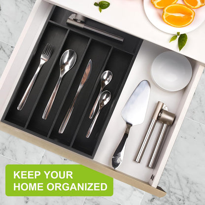 Bamboo Utensil Drawer Organizer with Removable Dividers, Kitchen Organizer for Flatware Cutlery, Silverware Tray for Drawer (5/4 Flexible Slots, Natural)