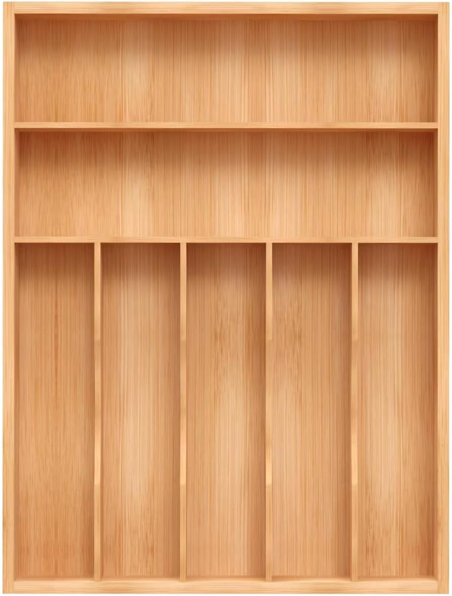 Bamboo Utensil Drawer Organizer with Removable Dividers, Kitchen Organizer for Flatware Cutlery, Silverware Tray for Drawer (5/4 Flexible Slots, Natural)