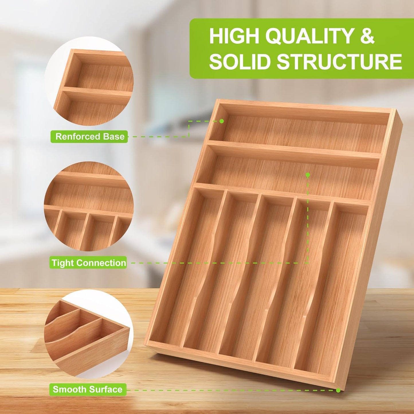 Bamboo Utensil Drawer Organizer with Removable Dividers, Kitchen Organizer for Flatware Cutlery, Silverware Tray for Drawer (5/4 Flexible Slots, Natural)