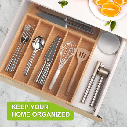 Bamboo Utensil Drawer Organizer with Removable Dividers, Kitchen Organizer for Flatware Cutlery, Silverware Tray for Drawer (5/4 Flexible Slots, Natural)