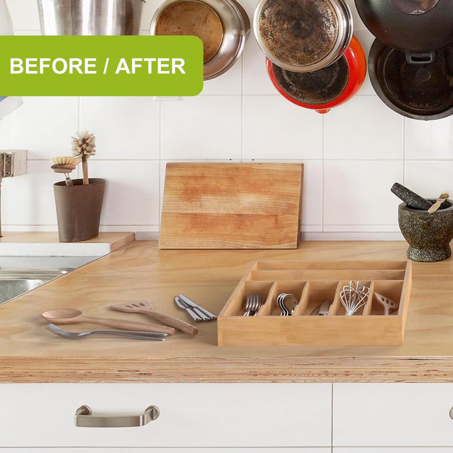 Bamboo Utensil Drawer Organizer with Removable Dividers, Kitchen Organizer for Flatware Cutlery, Silverware Tray for Drawer (5/4 Flexible Slots, Natural)