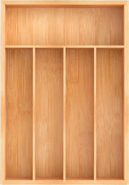 Bamboo Utensil Drawer Organizer with Removable Dividers, Kitchen Organizer for Flatware Cutlery, Silverware Tray for Drawer (5/4 Flexible Slots, Natural)