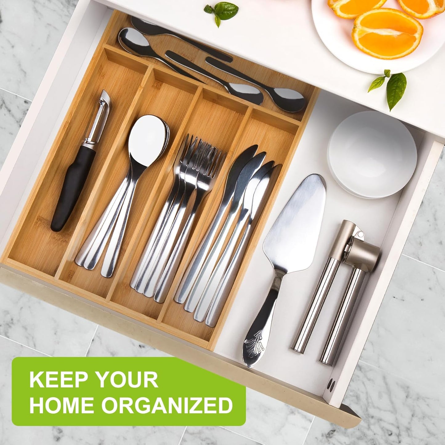 Bamboo Utensil Drawer Organizer with Removable Dividers, Kitchen Organizer for Flatware Cutlery, Silverware Tray for Drawer (5/4 Flexible Slots, Natural)