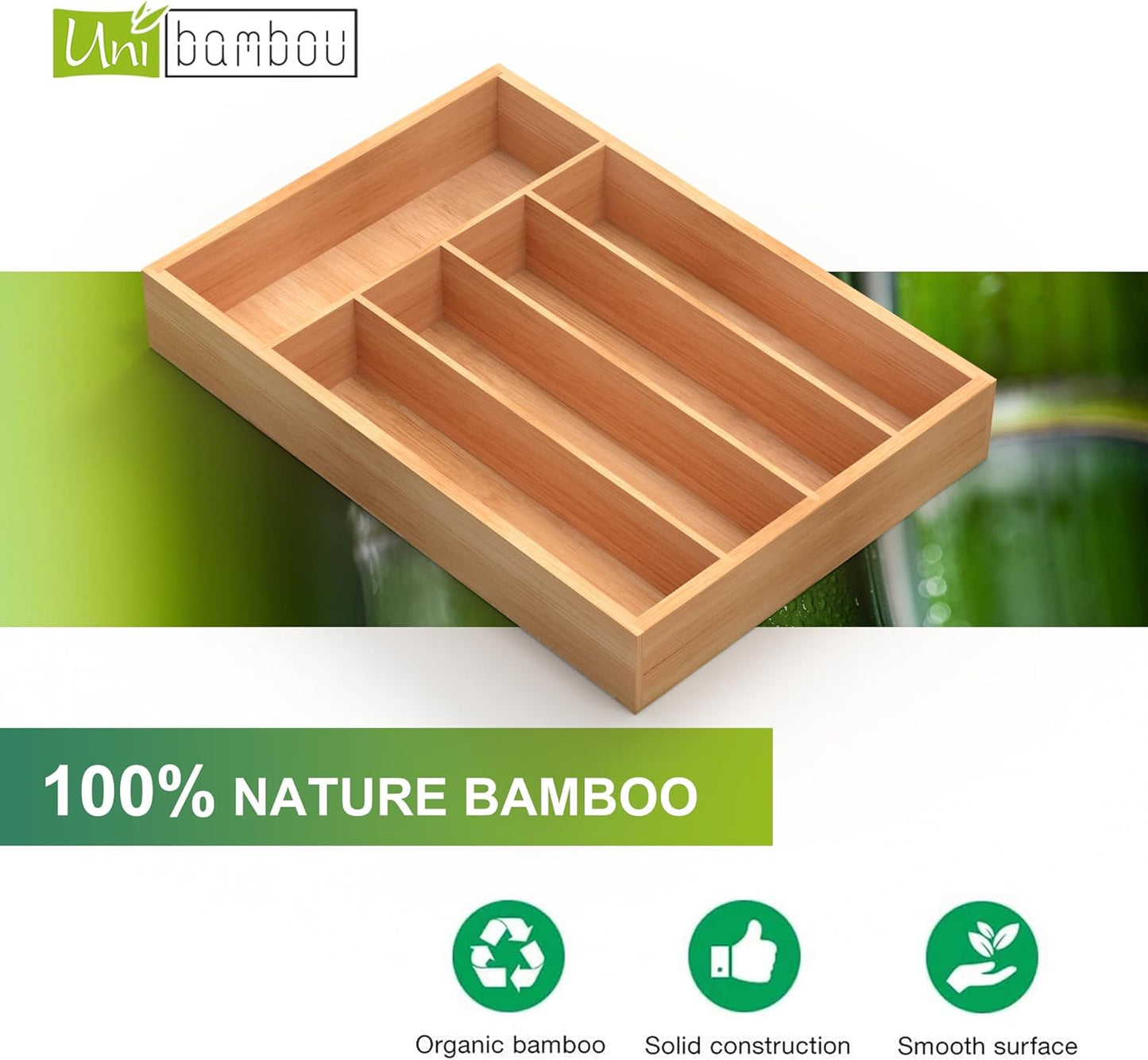 Bamboo Utensil Drawer Organizer with Removable Dividers, Kitchen Organizer for Flatware Cutlery, Silverware Tray for Drawer (5/4 Flexible Slots, Natural)