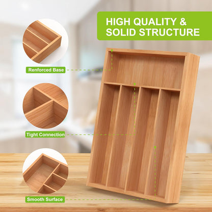 Bamboo Utensil Drawer Organizer with Removable Dividers, Kitchen Organizer for Flatware Cutlery, Silverware Tray for Drawer (5/4 Flexible Slots, Natural)