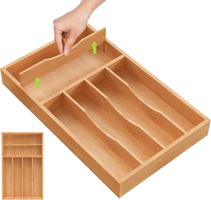Bamboo Utensil Drawer Organizer with Removable Dividers, Kitchen Organizer for Flatware Cutlery, Silverware Tray for Drawer (5/4 Flexible Slots, Natural)
