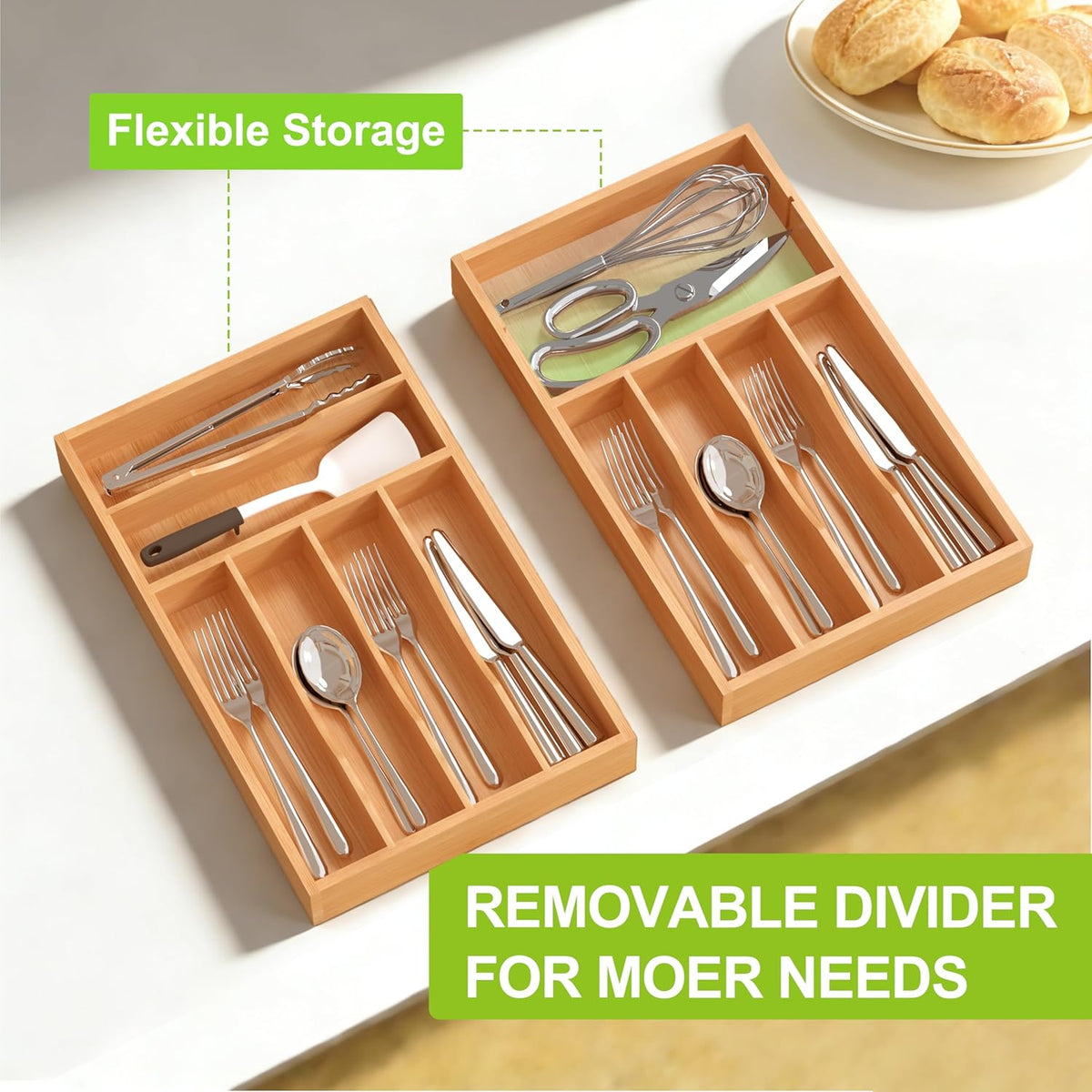 Bamboo Utensil Drawer Organizer with Removable Dividers, Kitchen Organizer for Flatware Cutlery, Silverware Tray for Drawer (5/4 Flexible Slots, Natural)