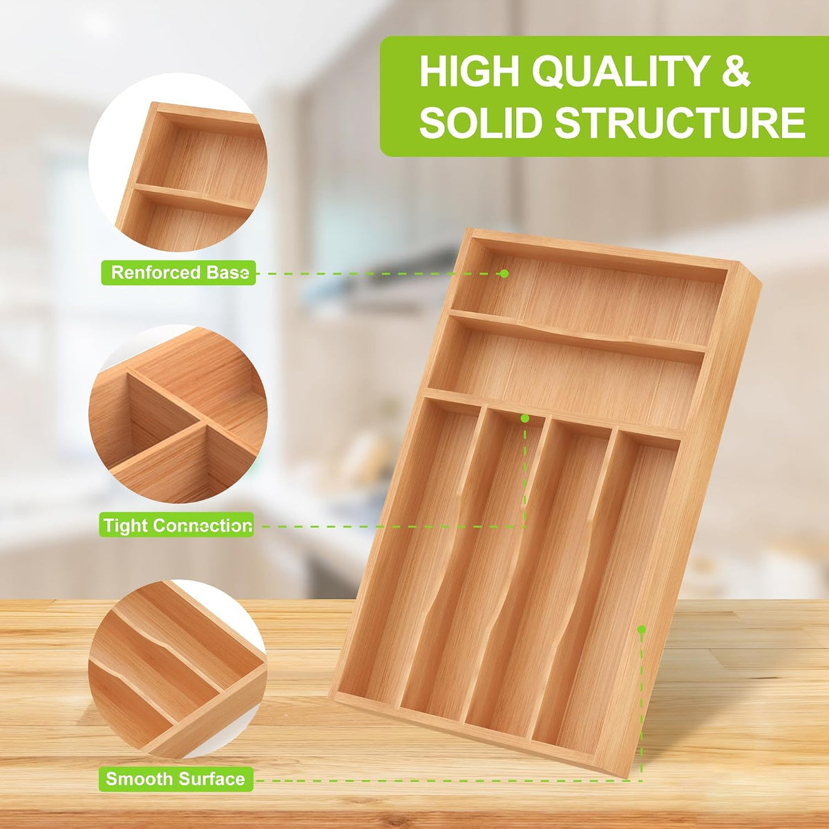 Bamboo Utensil Drawer Organizer with Removable Dividers, Kitchen Organizer for Flatware Cutlery, Silverware Tray for Drawer (5/4 Flexible Slots, Natural)