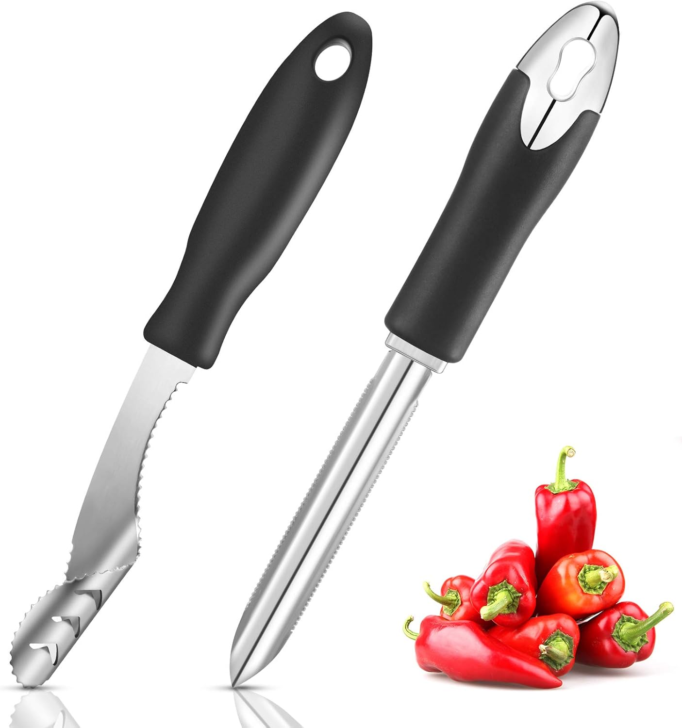 2 Pieces Jalapeno Pepper Corer Zucchini Cucumber Corer Remover with Serrated Slice and Rubber Handle Seed Remover or Slice Off Vegetables Tops for Kitchen | Rubber Handle, Chili Pepper Deseeder, Core Remover for Squash Poblano Veggie