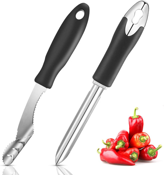 2 Pieces Jalapeno Pepper Corer Zucchini Cucumber Corer Remover with Serrated Slice and Rubber Handle Seed Remover or Slice Off Vegetables Tops for Kitchen | Rubber Handle, Chili Pepper Deseeder, Core Remover for Squash Poblano Veggie