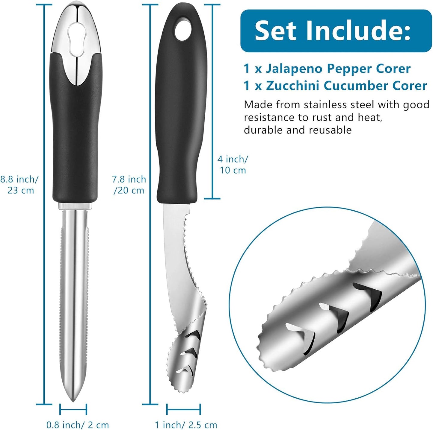 2 Pieces Jalapeno Pepper Corer Zucchini Cucumber Corer Remover with Serrated Slice and Rubber Handle Seed Remover or Slice Off Vegetables Tops for Kitchen | Rubber Handle, Chili Pepper Deseeder, Core Remover for Squash Poblano Veggie