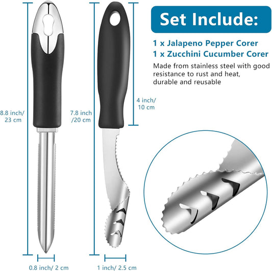 2 Pieces Jalapeno Pepper Corer Zucchini Cucumber Corer Remover with Serrated Slice and Rubber Handle Seed Remover or Slice Off Vegetables Tops for Kitchen | Rubber Handle, Chili Pepper Deseeder, Core Remover for Squash Poblano Veggie
