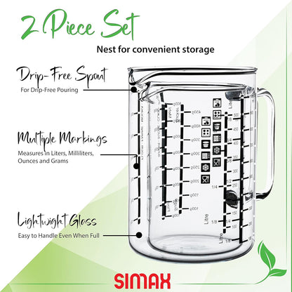 Glass Measuring Cup: 16 Oz Measuring Cups Glass - Liter, Oz and Ml Measuring Cup for Liquid - Borosilicate Glass Metric Measuring Cups in Gram - Measure Flour and Sugar Grams - Easy Pour Spout