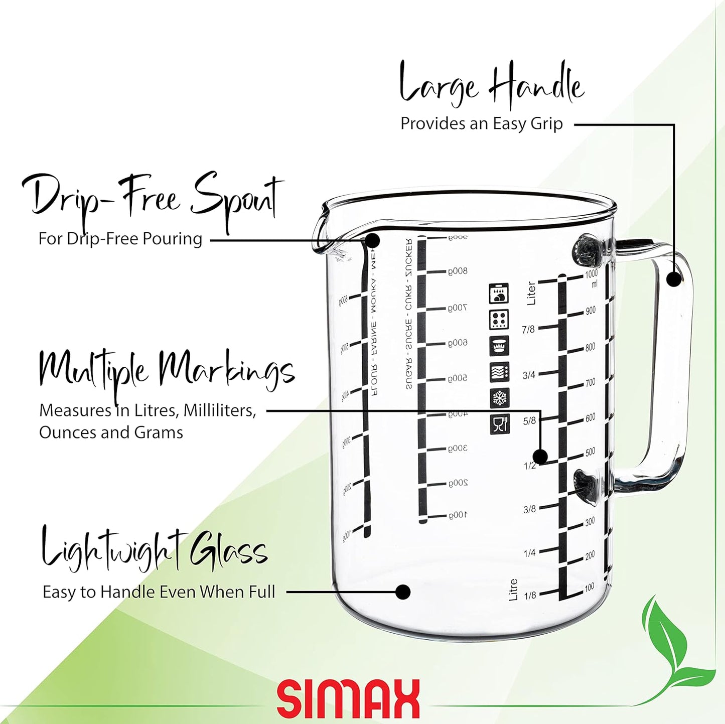 Glass Measuring Cup: 16 Oz Measuring Cups Glass - Liter, Oz and Ml Measuring Cup for Liquid - Borosilicate Glass Metric Measuring Cups in Gram - Measure Flour and Sugar Grams - Easy Pour Spout