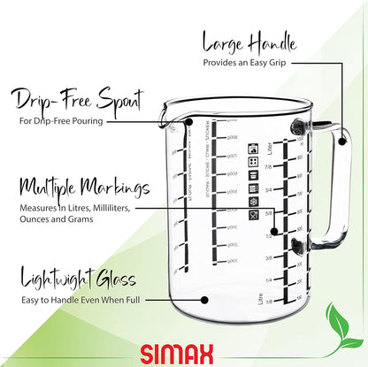 Glass Measuring Cup: 16 Oz Measuring Cups Glass - Liter, Oz and Ml Measuring Cup for Liquid - Borosilicate Glass Metric Measuring Cups in Gram - Measure Flour and Sugar Grams - Easy Pour Spout