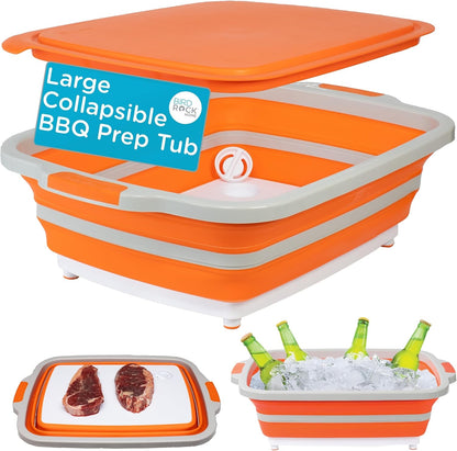 Collapsible Food Prep & Cutting Board and Grill Caddy Tub with Colander & Lid | Multifunctional Kitchen Vegetable Washing Basket | Silicone Dish Tub for BBQ, Picnic, Tailgate and Camping