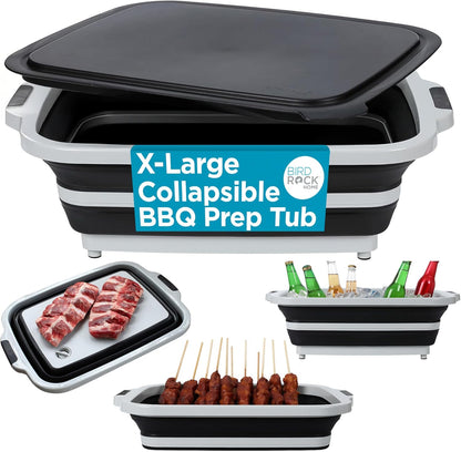 Collapsible Food Prep & Cutting Board and Grill Caddy Tub with Colander & Lid | Multifunctional Kitchen Vegetable Washing Basket | Silicone Dish Tub for BBQ, Picnic, Tailgate and Camping