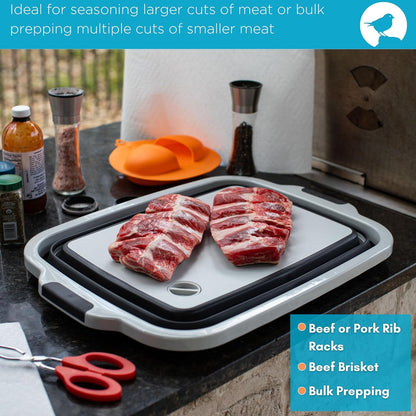Collapsible Food Prep & Cutting Board and Grill Caddy Tub with Colander & Lid | Multifunctional Kitchen Vegetable Washing Basket | Silicone Dish Tub for BBQ, Picnic, Tailgate and Camping