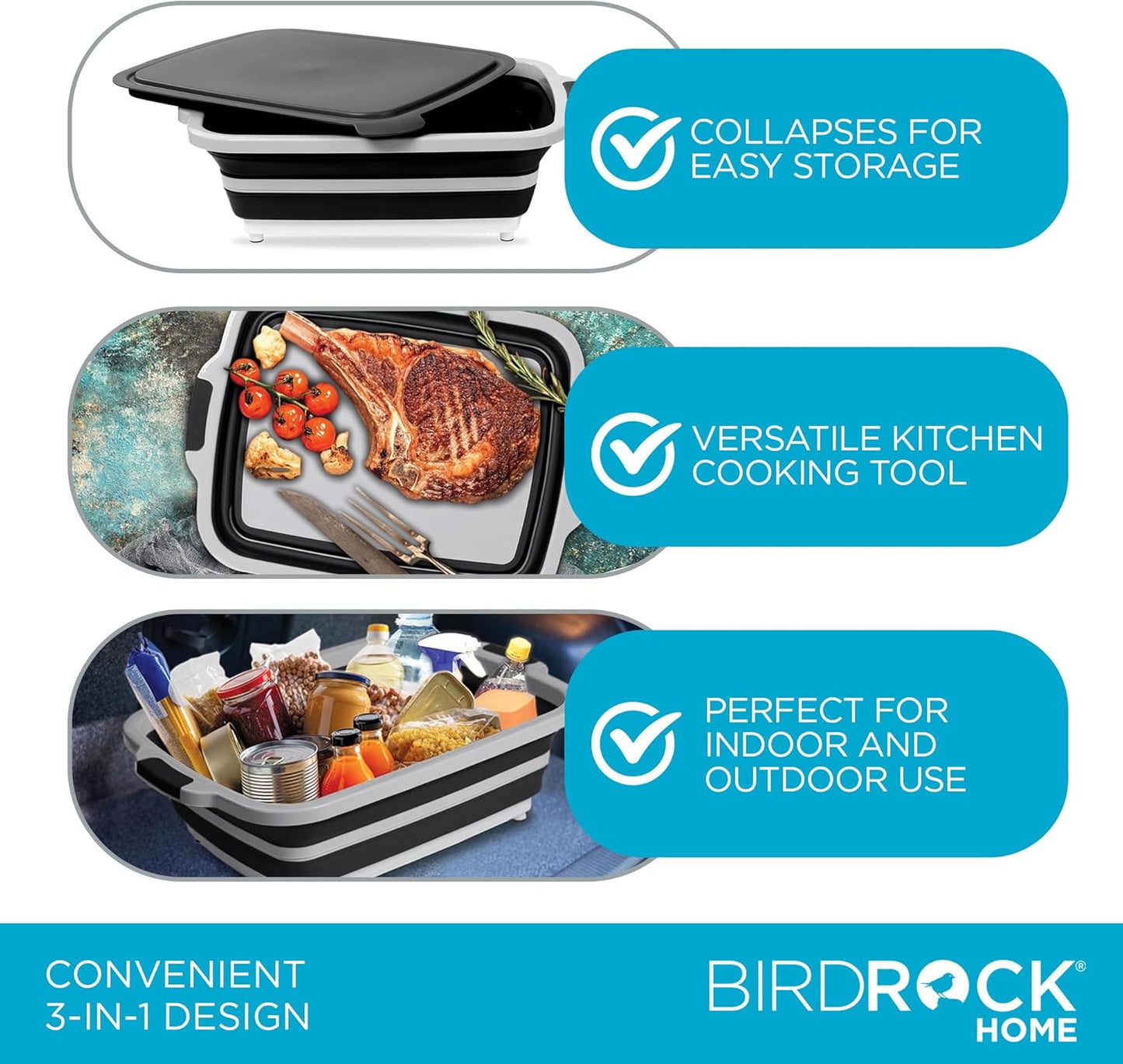 Collapsible Food Prep & Cutting Board and Grill Caddy Tub with Colander & Lid | Multifunctional Kitchen Vegetable Washing Basket | Silicone Dish Tub for BBQ, Picnic, Tailgate and Camping
