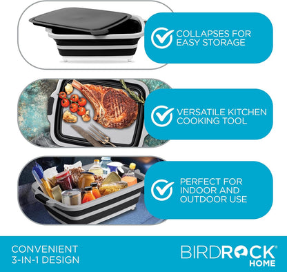 Collapsible Food Prep & Cutting Board and Grill Caddy Tub with Colander & Lid | Multifunctional Kitchen Vegetable Washing Basket | Silicone Dish Tub for BBQ, Picnic, Tailgate and Camping