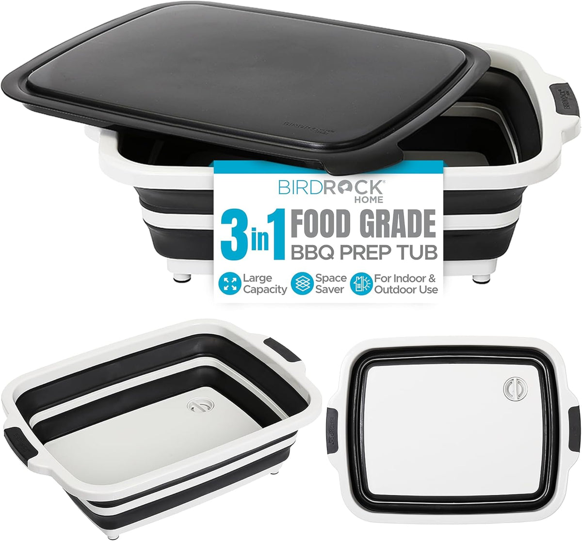 Collapsible Food Prep & Cutting Board and Grill Caddy Tub with Colander & Lid | Multifunctional Kitchen Vegetable Washing Basket | Silicone Dish Tub for BBQ, Picnic, Tailgate and Camping