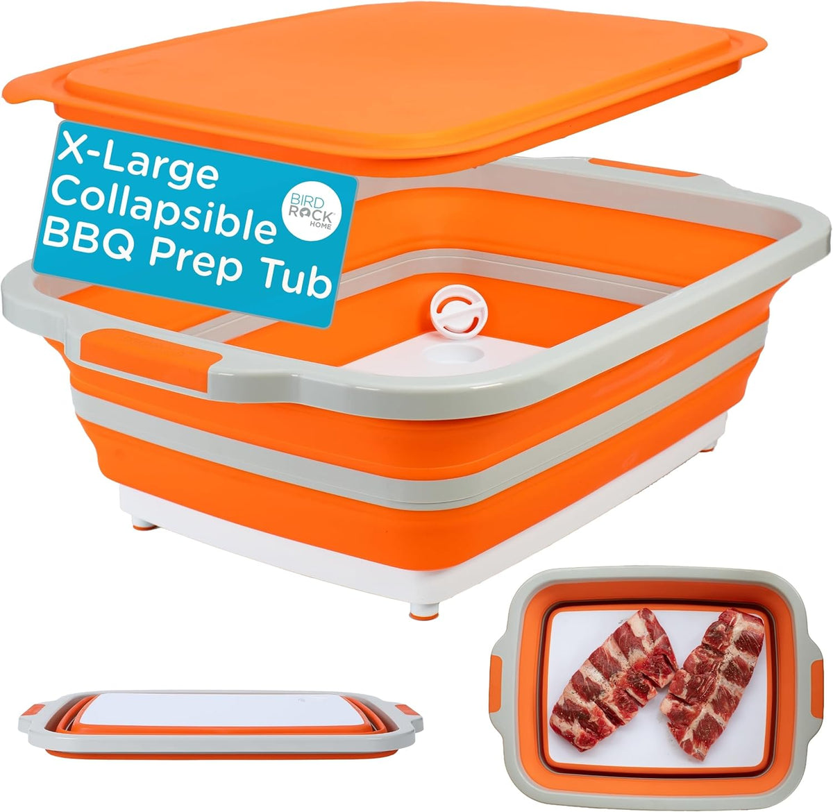 Collapsible Food Prep & Cutting Board and Grill Caddy Tub with Colander & Lid | Multifunctional Kitchen Vegetable Washing Basket | Silicone Dish Tub for BBQ, Picnic, Tailgate and Camping