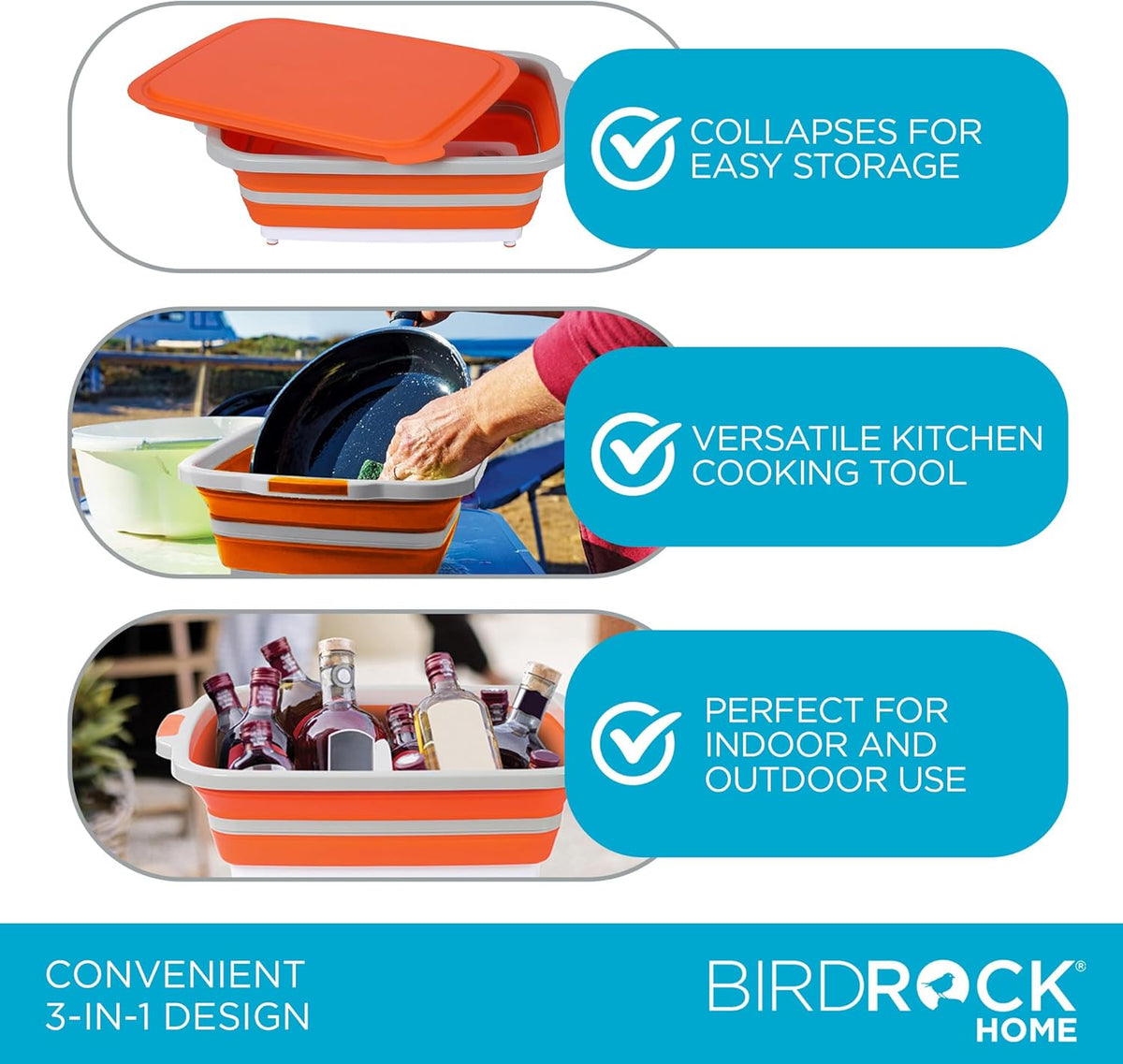 Collapsible Food Prep & Cutting Board and Grill Caddy Tub with Colander & Lid | Multifunctional Kitchen Vegetable Washing Basket | Silicone Dish Tub for BBQ, Picnic, Tailgate and Camping