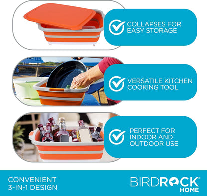 Collapsible Food Prep & Cutting Board and Grill Caddy Tub with Colander & Lid | Multifunctional Kitchen Vegetable Washing Basket | Silicone Dish Tub for BBQ, Picnic, Tailgate and Camping