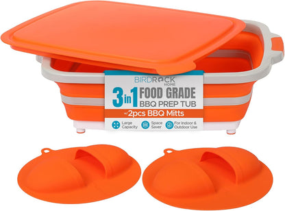 Collapsible Food Prep & Cutting Board and Grill Caddy Tub with Colander & Lid | Multifunctional Kitchen Vegetable Washing Basket | Silicone Dish Tub for BBQ, Picnic, Tailgate and Camping